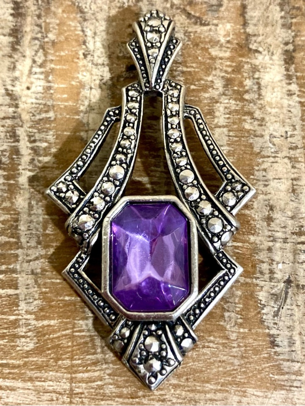 Avon Mid 90s Purple and Silver Tone Art Deco Style Pendant